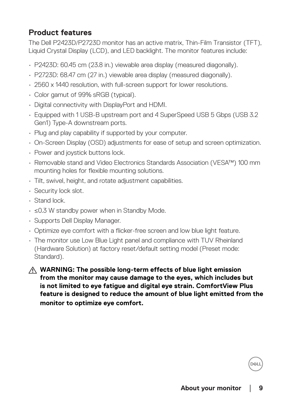 Product features | Dell P2723D 27" 1440p Monitor User Manual | Page 9 / 73
