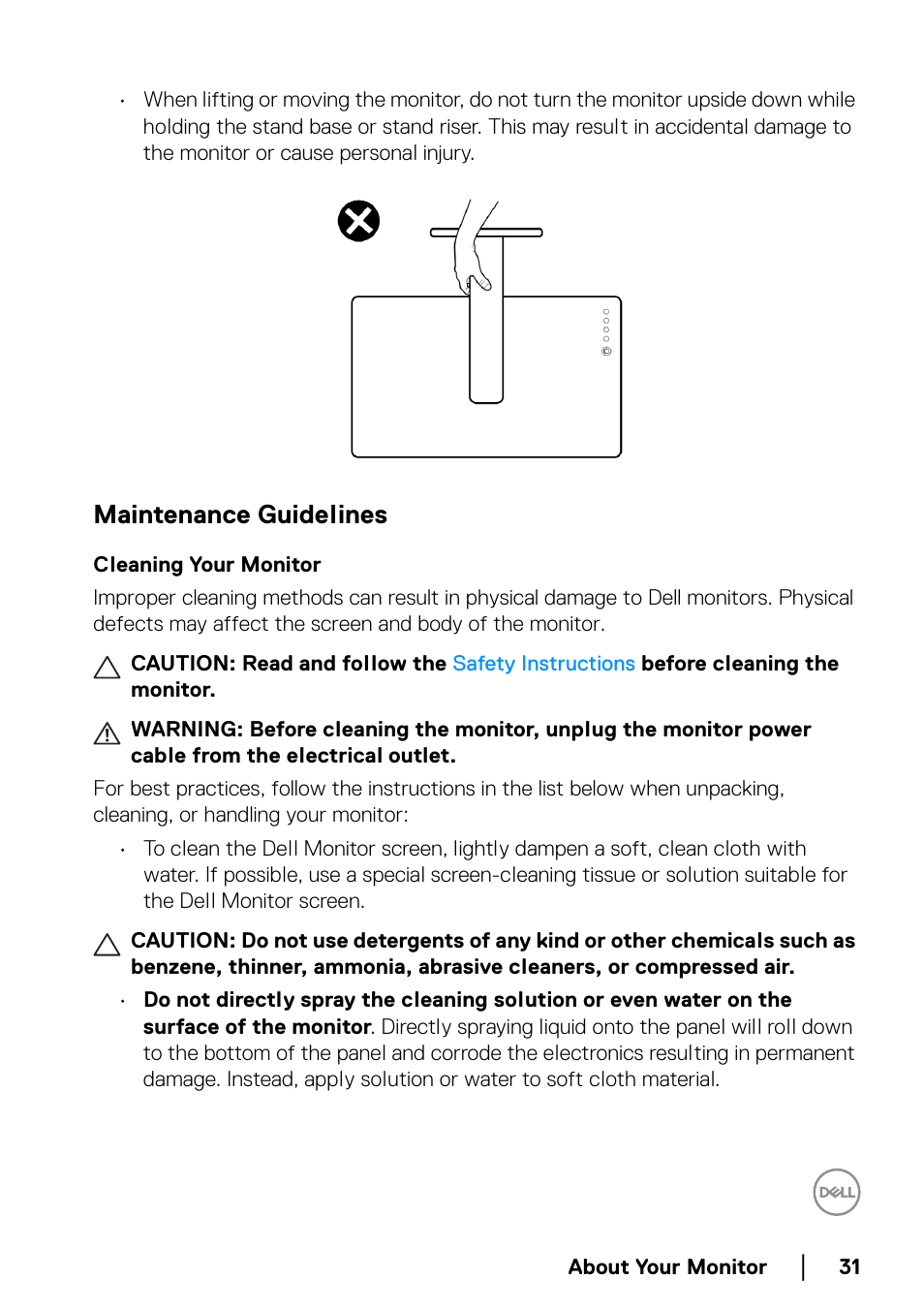 Maintenance guidelines, Cleaning your monitor | Dell C2723H 27" Video Conferencing Monitor User Manual | Page 31 / 109