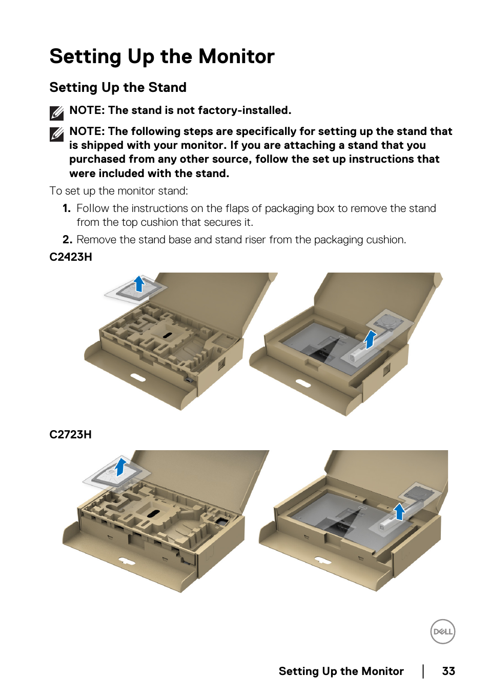Setting up the monitor, Setting up the stand | Dell C2723H 27" Video Conferencing Monitor User Manual | Page 33 / 109