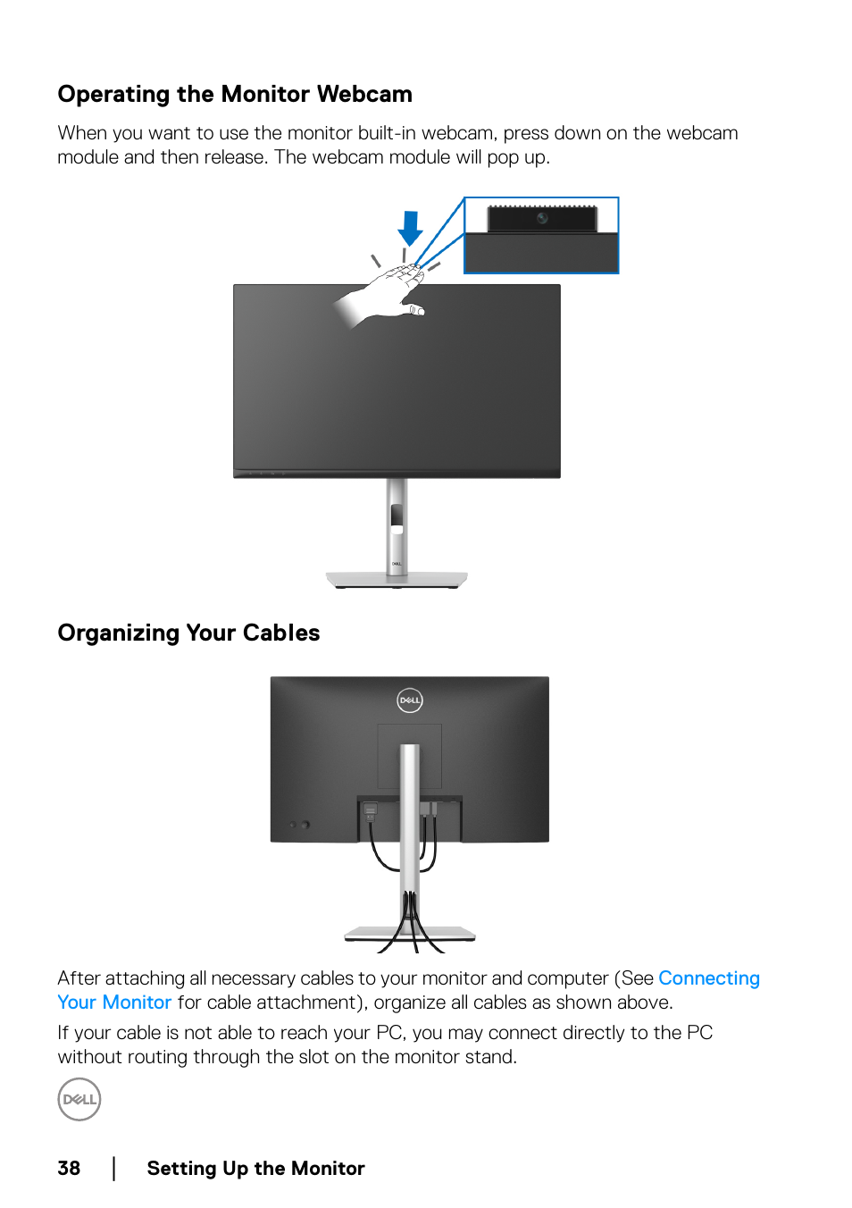 Operating the monitor webcam, Organizing your cables | Dell C2723H 27" Video Conferencing Monitor User Manual | Page 38 / 109