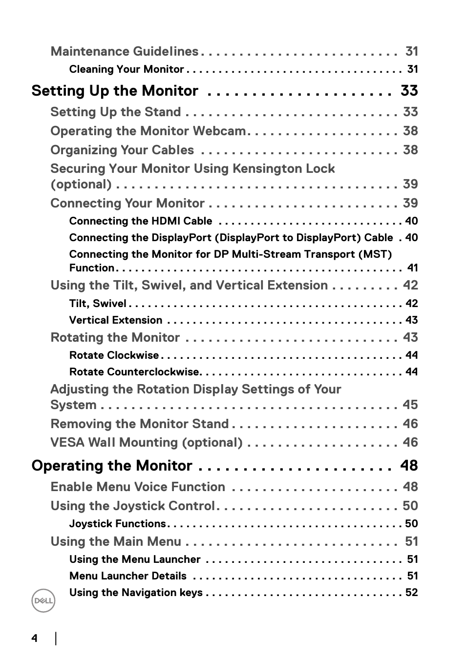 Setting up the monitor, Operating the monitor | Dell C2723H 27" Video Conferencing Monitor User Manual | Page 4 / 109
