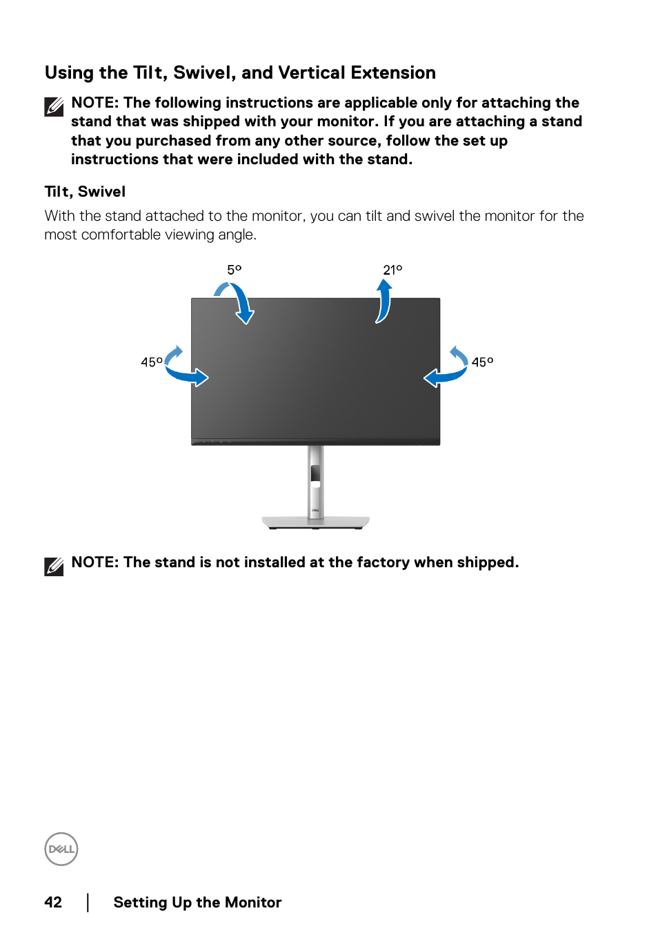 Using the tilt, swivel, and vertical extension, Tilt, swivel | Dell C2723H 27" Video Conferencing Monitor User Manual | Page 42 / 109