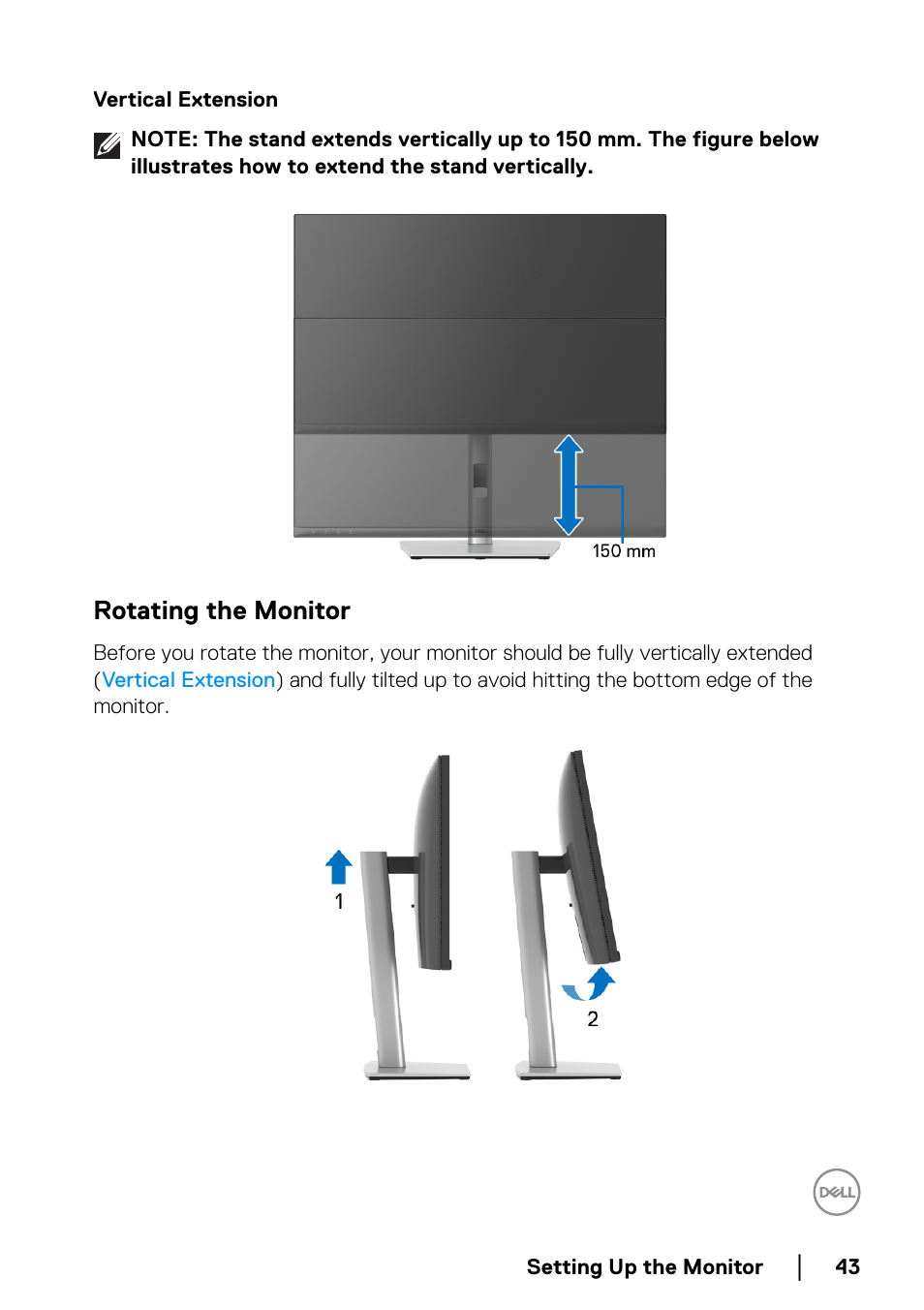Rotating the monitor, Vertical extension | Dell C2723H 27" Video Conferencing Monitor User Manual | Page 43 / 109