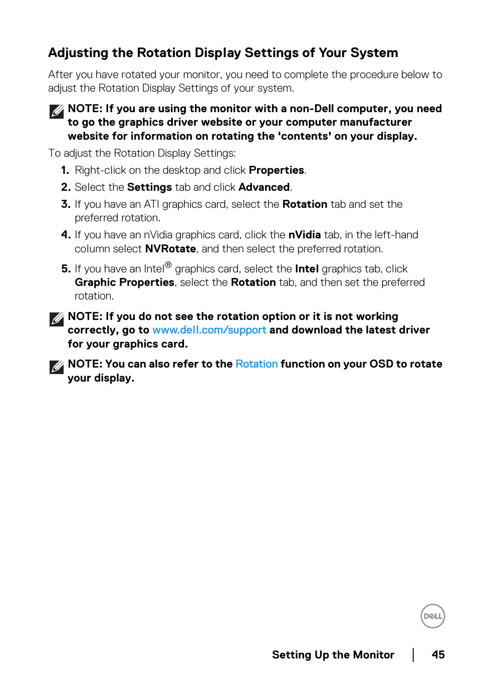 Adjusting the rotation display settings of your, System | Dell C2723H 27" Video Conferencing Monitor User Manual | Page 45 / 109