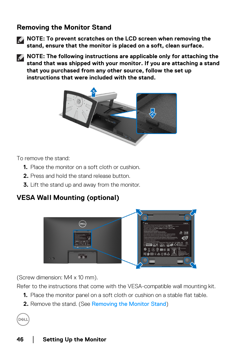 Removing the monitor stand, Vesa wall mounting (optional) | Dell C2723H 27" Video Conferencing Monitor User Manual | Page 46 / 109
