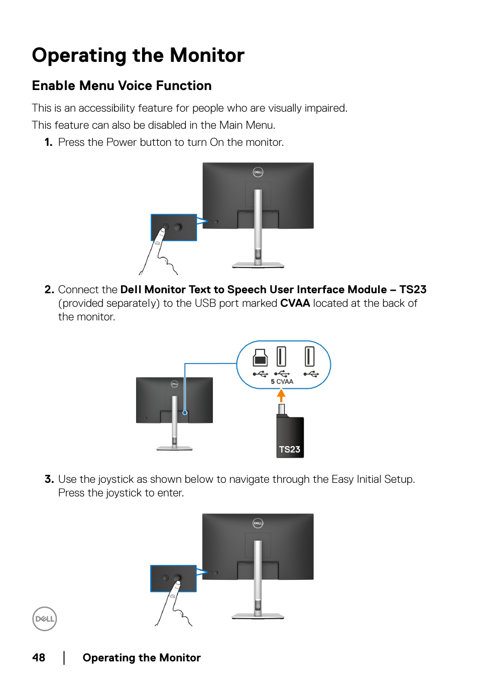 Operating the monitor, Enable menu voice function, Operating the | Monitor | Dell C2723H 27" Video Conferencing Monitor User Manual | Page 48 / 109