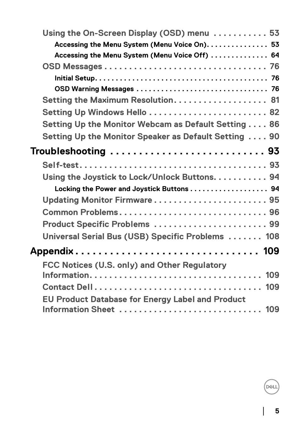 Troubleshooting, Appendix | Dell C2723H 27" Video Conferencing Monitor User Manual | Page 5 / 109