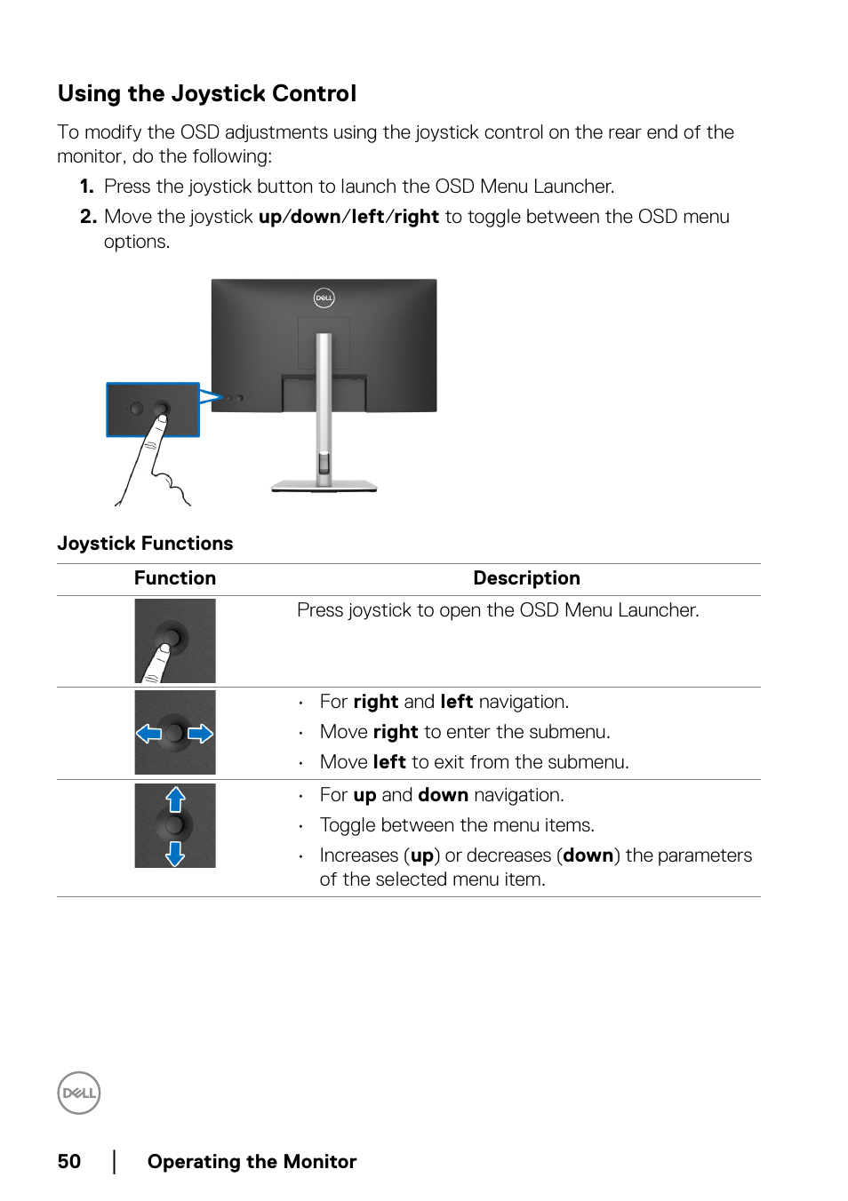 Using the joystick control, Joystick functions | Dell C2723H 27" Video Conferencing Monitor User Manual | Page 50 / 109