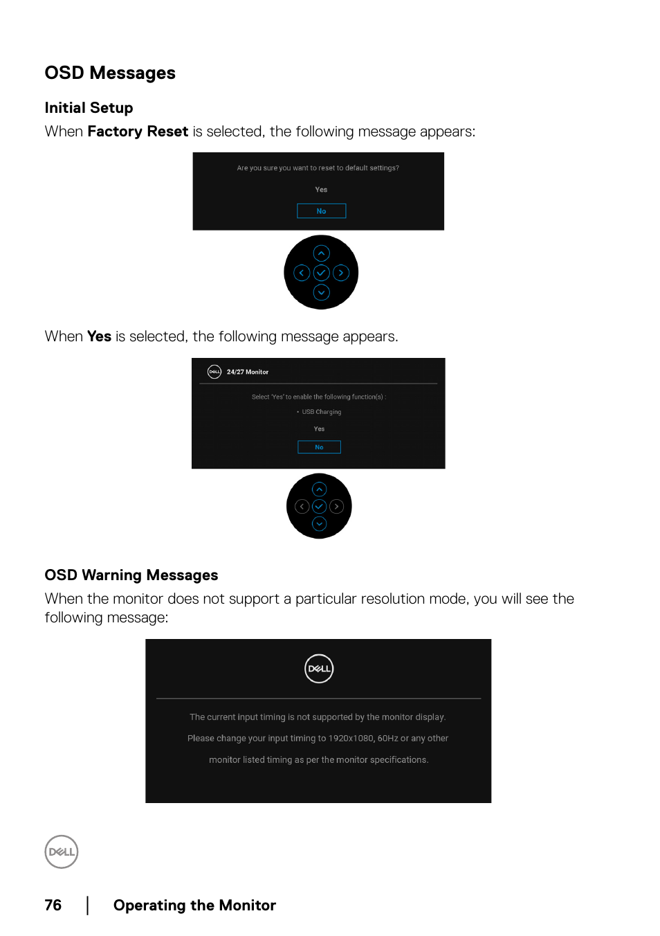 Osd messages, Initial setup, Osd warning messages | Dell C2723H 27" Video Conferencing Monitor User Manual | Page 76 / 109