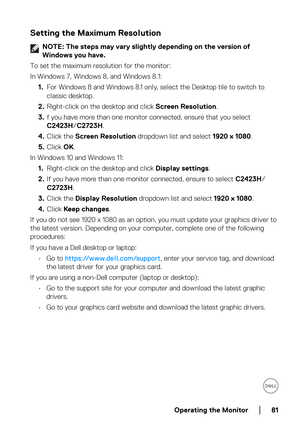 Setting the maximum resolution | Dell C2723H 27" Video Conferencing Monitor User Manual | Page 81 / 109
