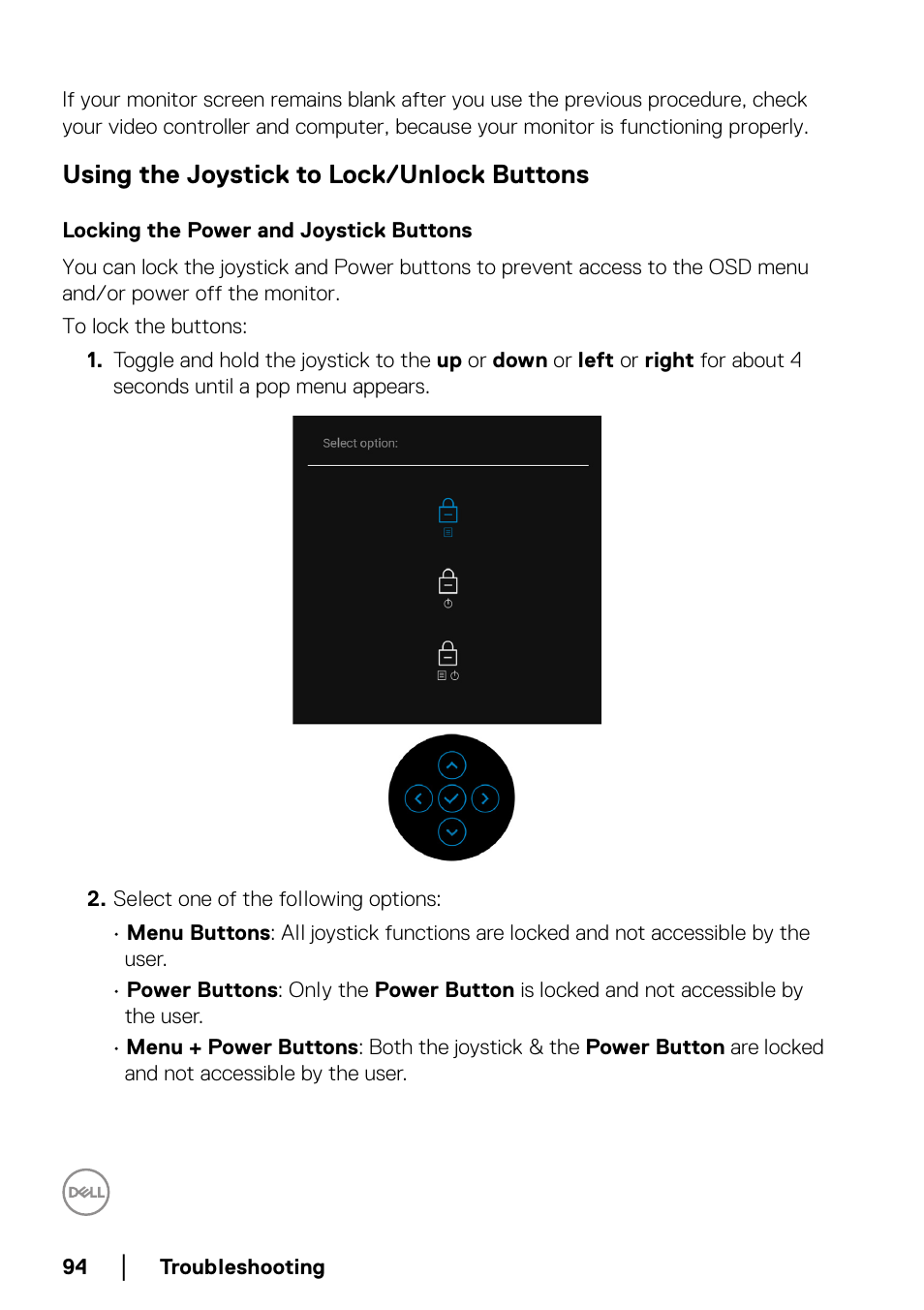 Using the joystick to lock/unlock buttons, Locking the power and joystick buttons | Dell C2723H 27" Video Conferencing Monitor User Manual | Page 94 / 109