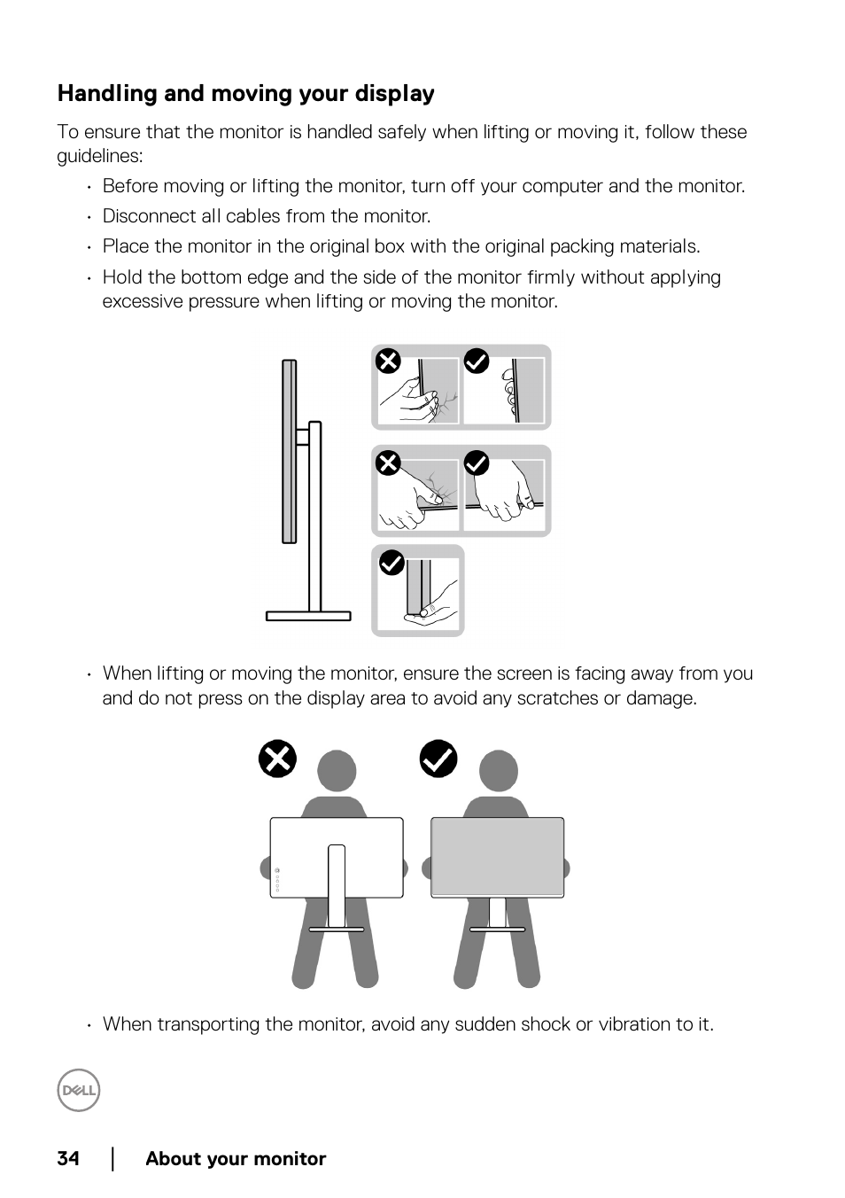 Handling and moving your display | Dell UltraSharp 49 U4924DW 49" WQHD Ultrawide Curved Monitor User Manual | Page 34 / 103