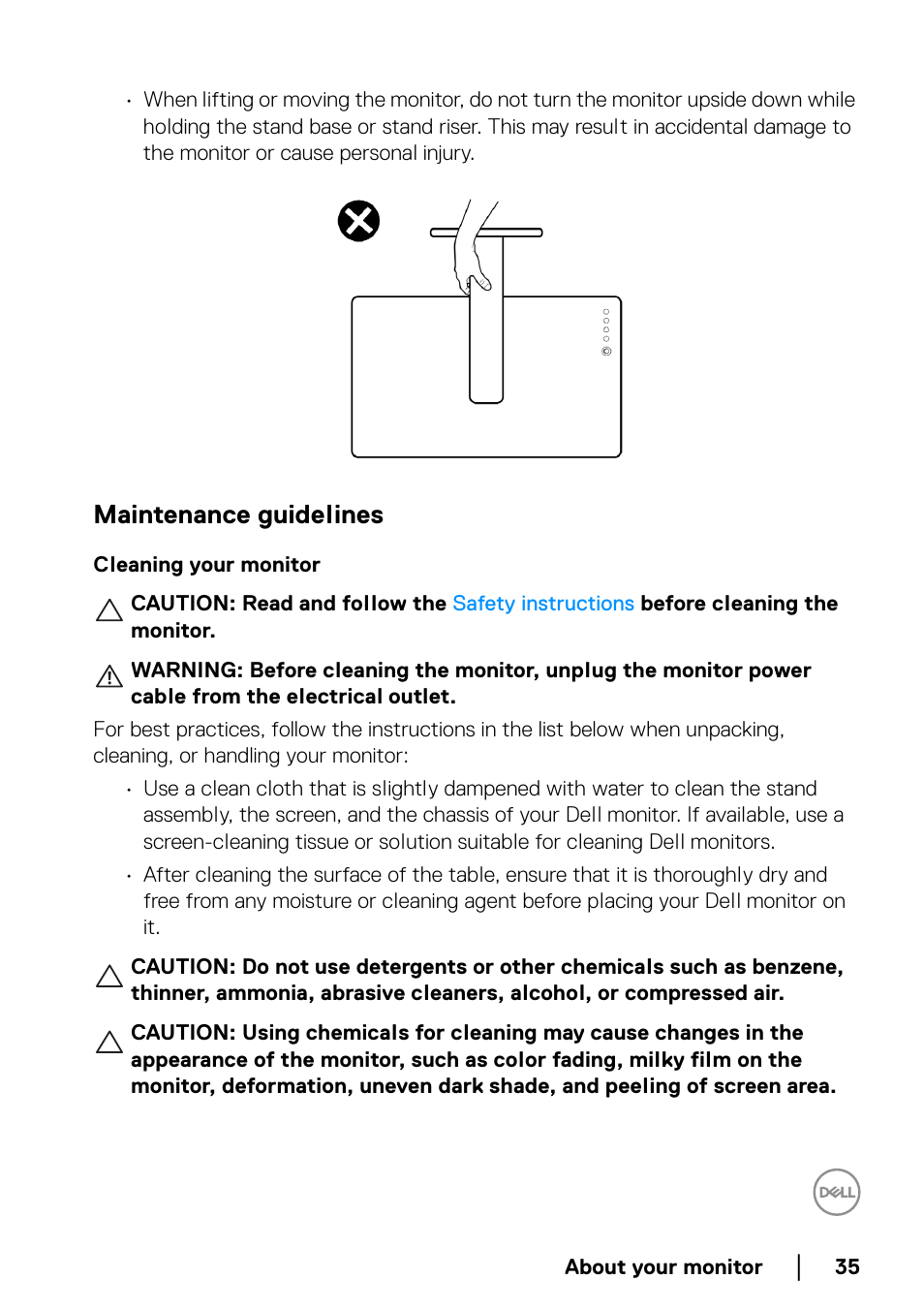 Maintenance guidelines, Cleaning your monitor | Dell UltraSharp 49 U4924DW 49" WQHD Ultrawide Curved Monitor User Manual | Page 35 / 103