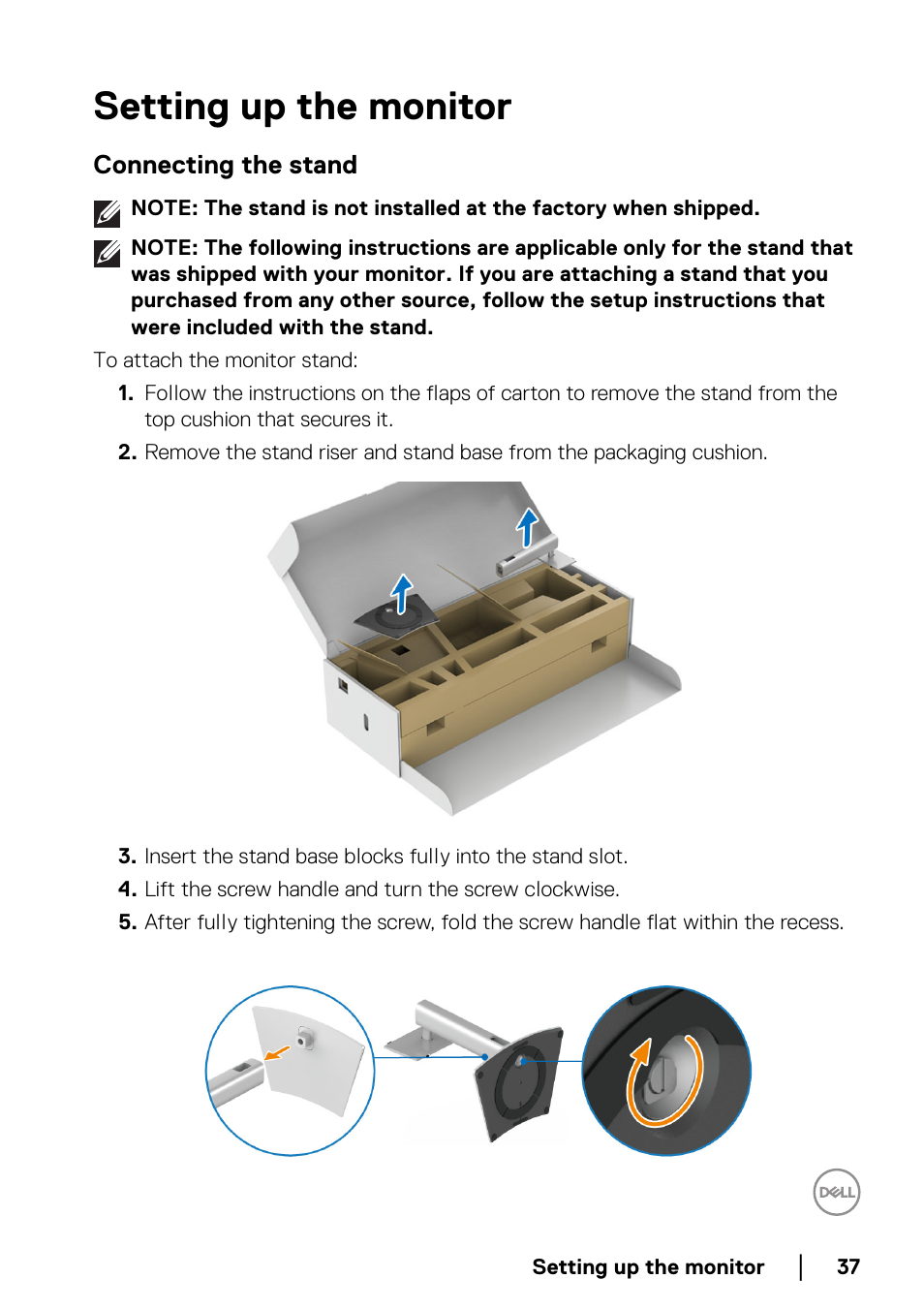 Setting up the monitor, Connecting the stand | Dell UltraSharp 49 U4924DW 49" WQHD Ultrawide Curved Monitor User Manual | Page 37 / 103