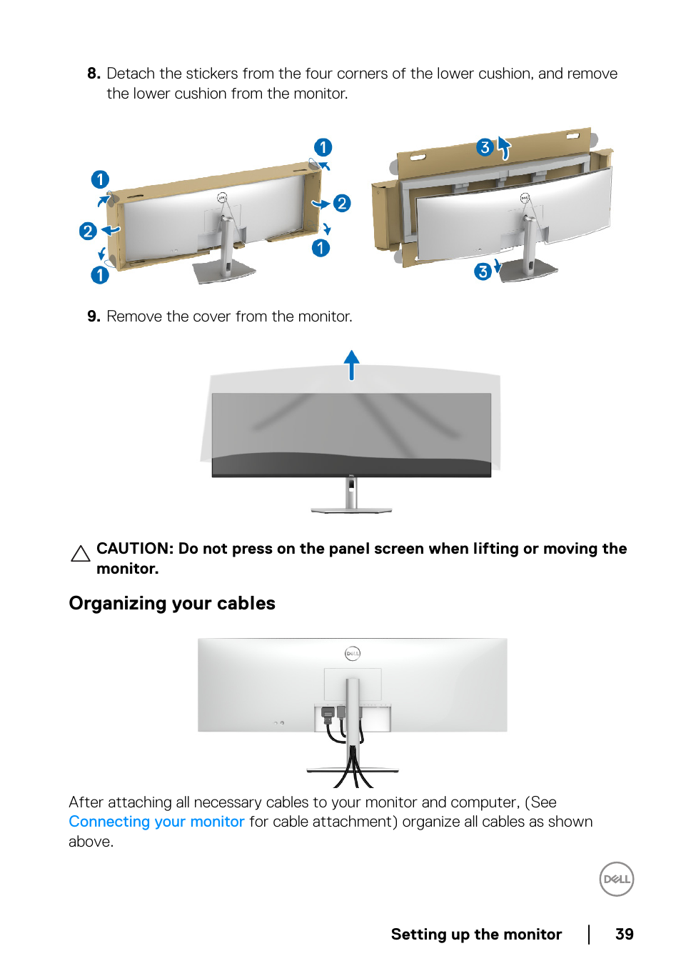 Organizing your cables | Dell UltraSharp 49 U4924DW 49" WQHD Ultrawide Curved Monitor User Manual | Page 39 / 103