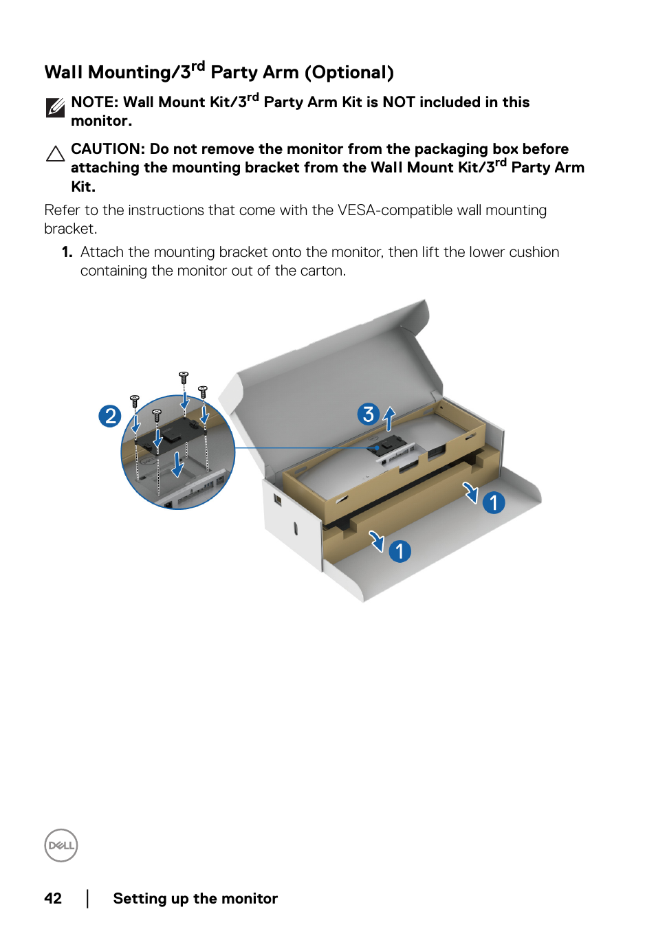 Wall mounting/3rd party arm (optional), Wall mounting/3, Party arm (optional) | Dell UltraSharp 49 U4924DW 49" WQHD Ultrawide Curved Monitor User Manual | Page 42 / 103