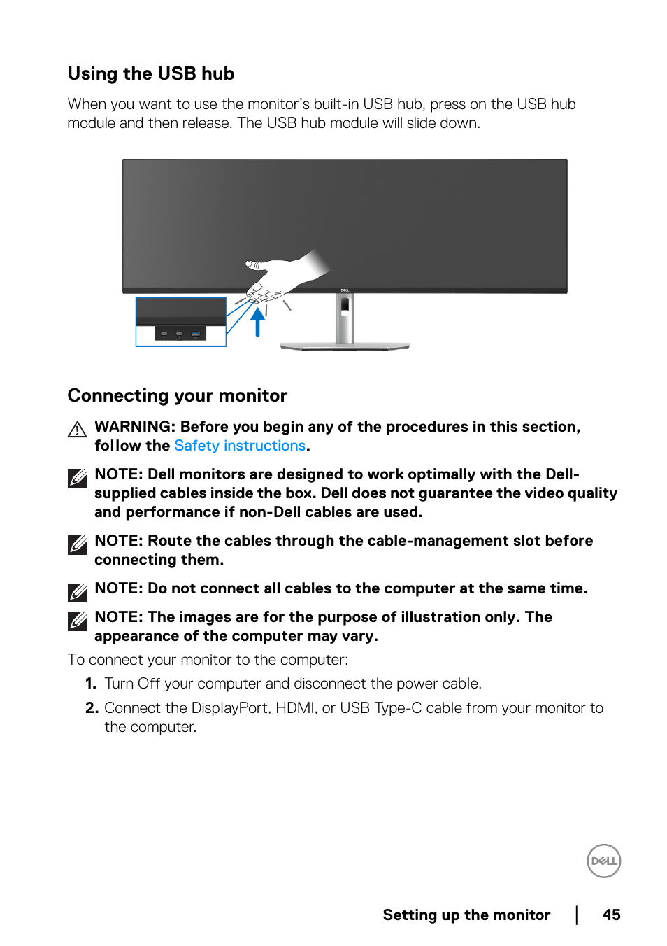 Using the usb hub, Connecting your monitor | Dell UltraSharp 49 U4924DW 49" WQHD Ultrawide Curved Monitor User Manual | Page 45 / 103