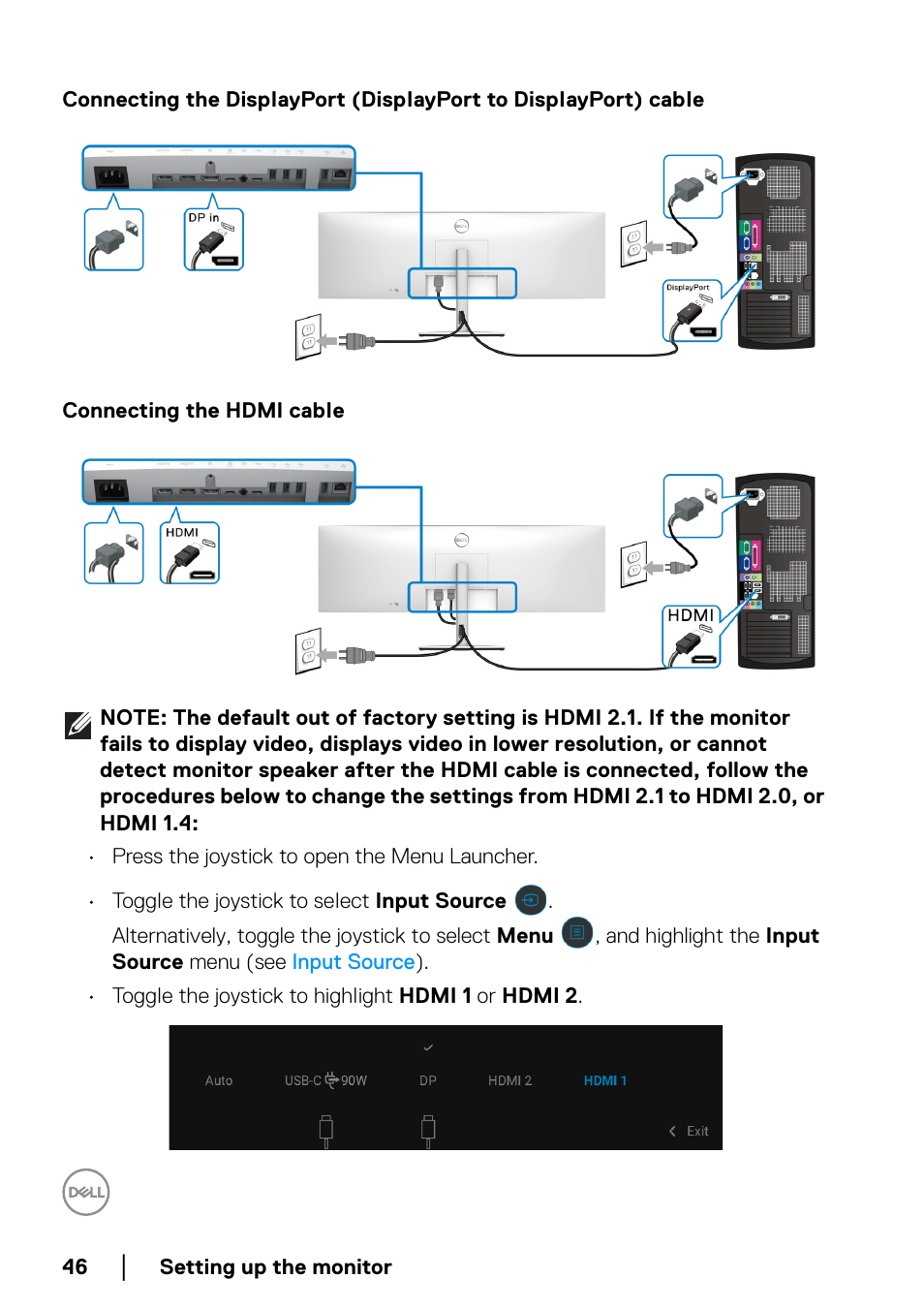 Connecting the hdmi cable | Dell UltraSharp 49 U4924DW 49" WQHD Ultrawide Curved Monitor User Manual | Page 46 / 103