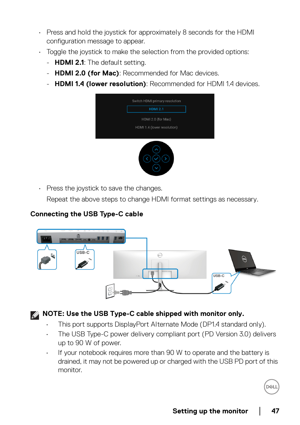 Connecting the usb type-c cable | Dell UltraSharp 49 U4924DW 49" WQHD Ultrawide Curved Monitor User Manual | Page 47 / 103