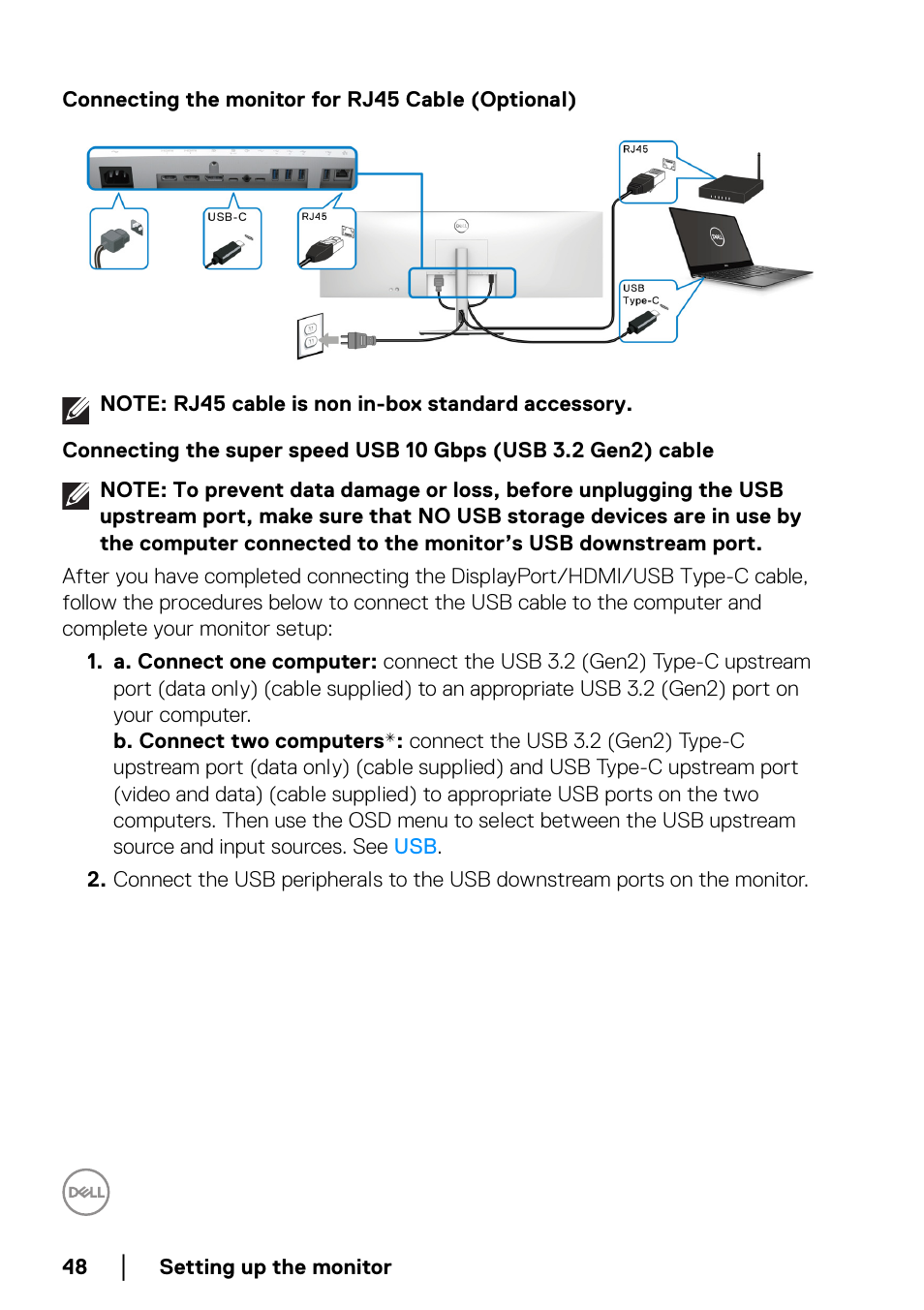 Connecting the monitor for rj45 cable (optional), Cable | Dell UltraSharp 49 U4924DW 49" WQHD Ultrawide Curved Monitor User Manual | Page 48 / 103