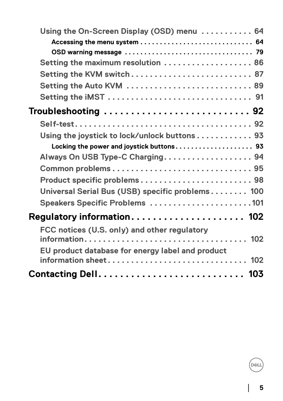 Troubleshooting, Regulatory information, Contacting dell | Dell UltraSharp 49 U4924DW 49" WQHD Ultrawide Curved Monitor User Manual | Page 5 / 103
