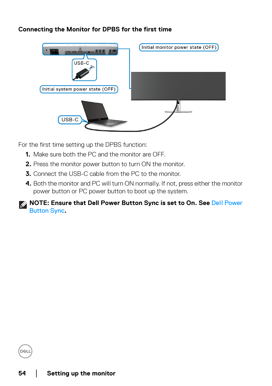 Connecting the monitor for dpbs for the first time | Dell UltraSharp 49 U4924DW 49" WQHD Ultrawide Curved Monitor User Manual | Page 54 / 103