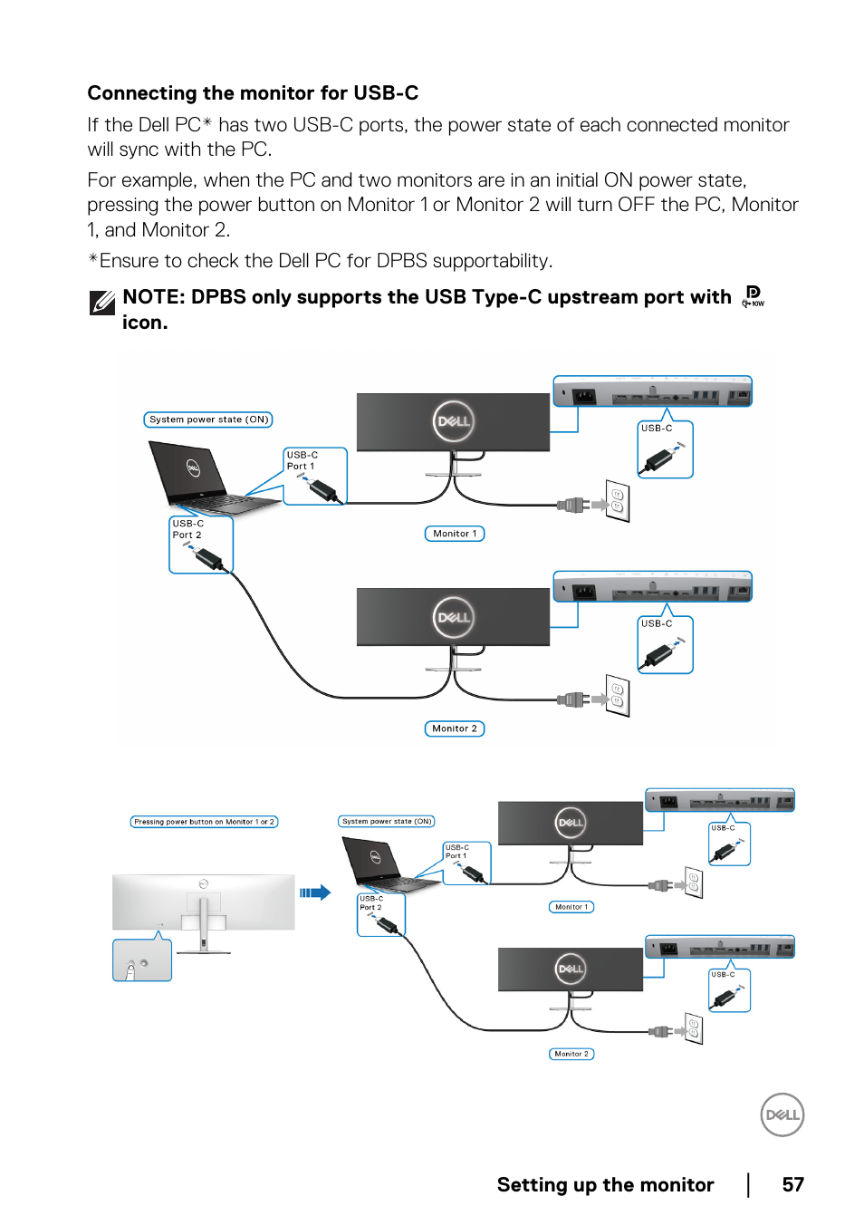 Connecting the monitor for usb-c | Dell UltraSharp 49 U4924DW 49" WQHD Ultrawide Curved Monitor User Manual | Page 57 / 103