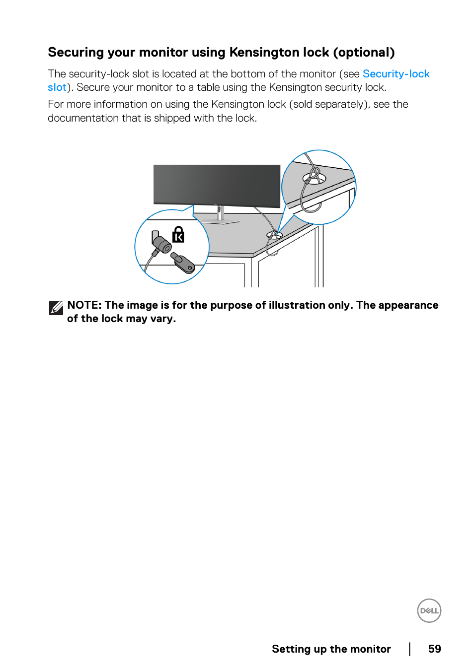 Securing your monitor using kensington lock, Optional) | Dell UltraSharp 49 U4924DW 49" WQHD Ultrawide Curved Monitor User Manual | Page 59 / 103