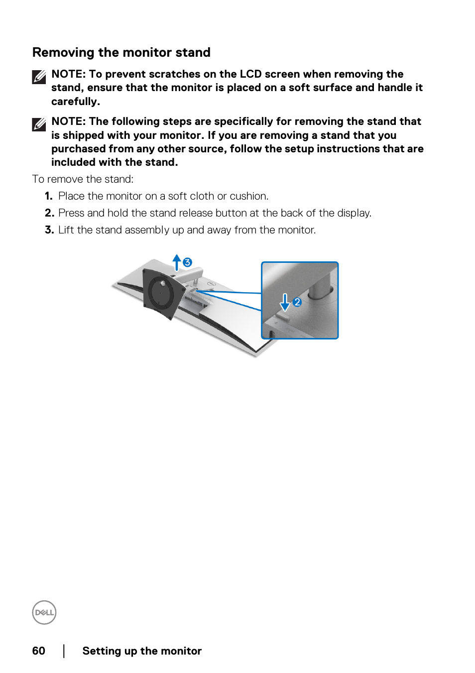 Removing the monitor stand | Dell UltraSharp 49 U4924DW 49" WQHD Ultrawide Curved Monitor User Manual | Page 60 / 103