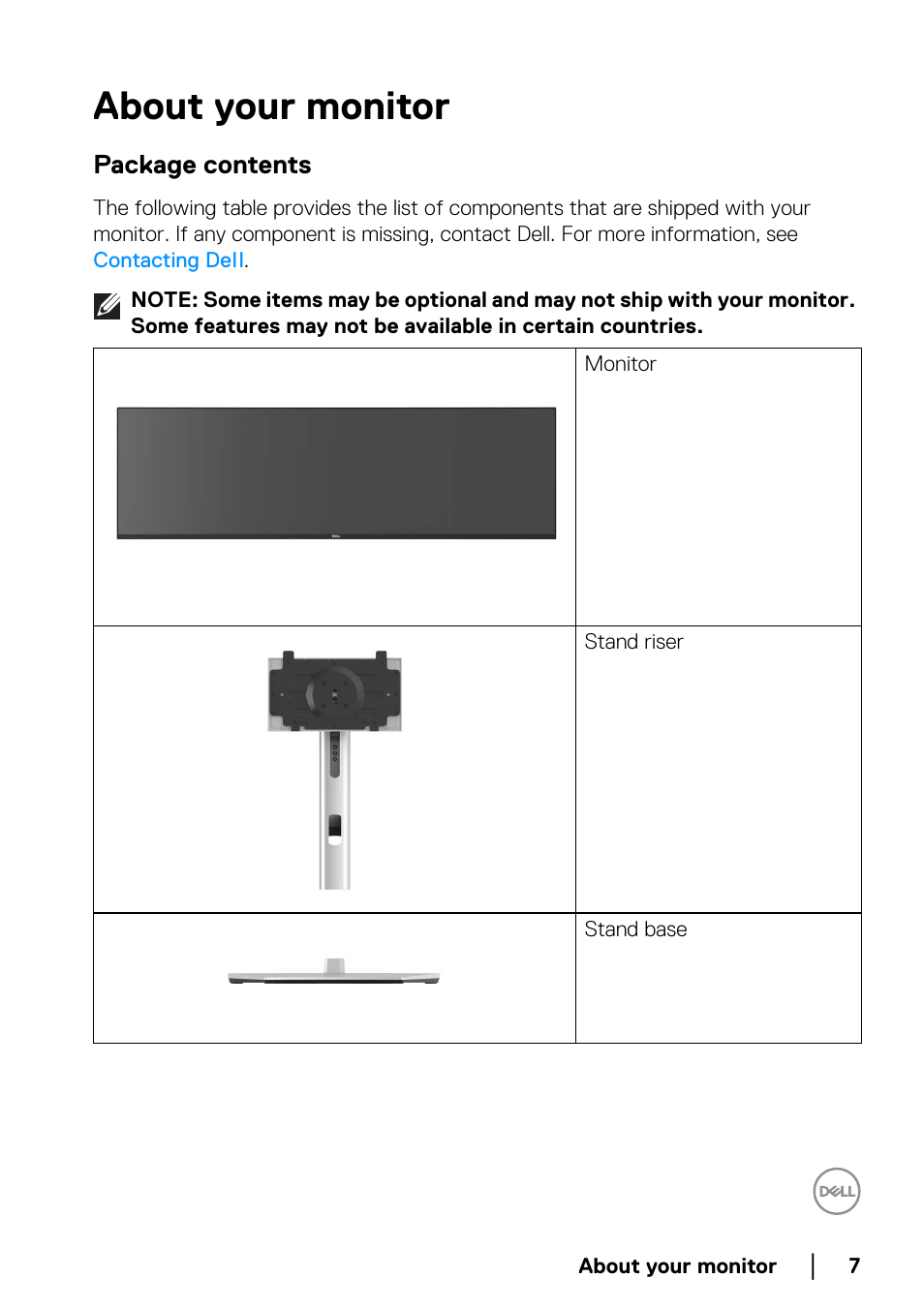 About your monitor, Package contents | Dell UltraSharp 49 U4924DW 49" WQHD Ultrawide Curved Monitor User Manual | Page 7 / 103