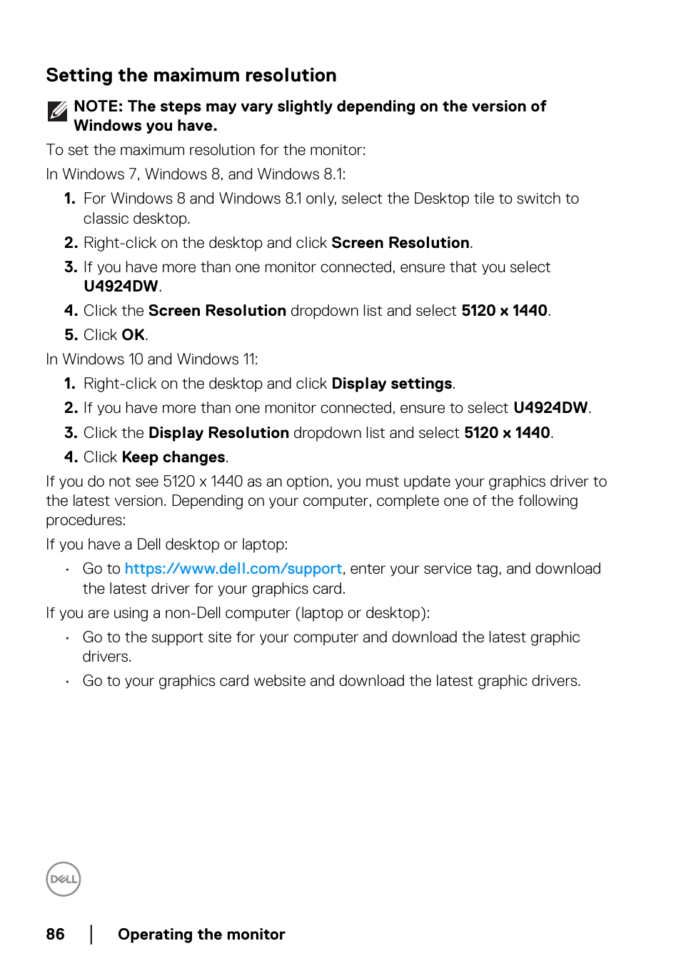 Setting the maximum resolution | Dell UltraSharp 49 U4924DW 49" WQHD Ultrawide Curved Monitor User Manual | Page 86 / 103