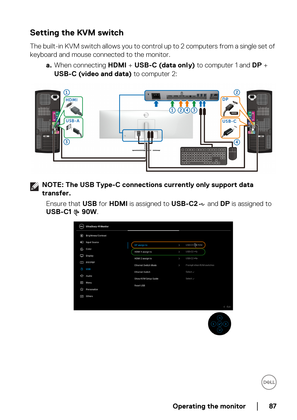 Setting the kvm switch | Dell UltraSharp 49 U4924DW 49" WQHD Ultrawide Curved Monitor User Manual | Page 87 / 103