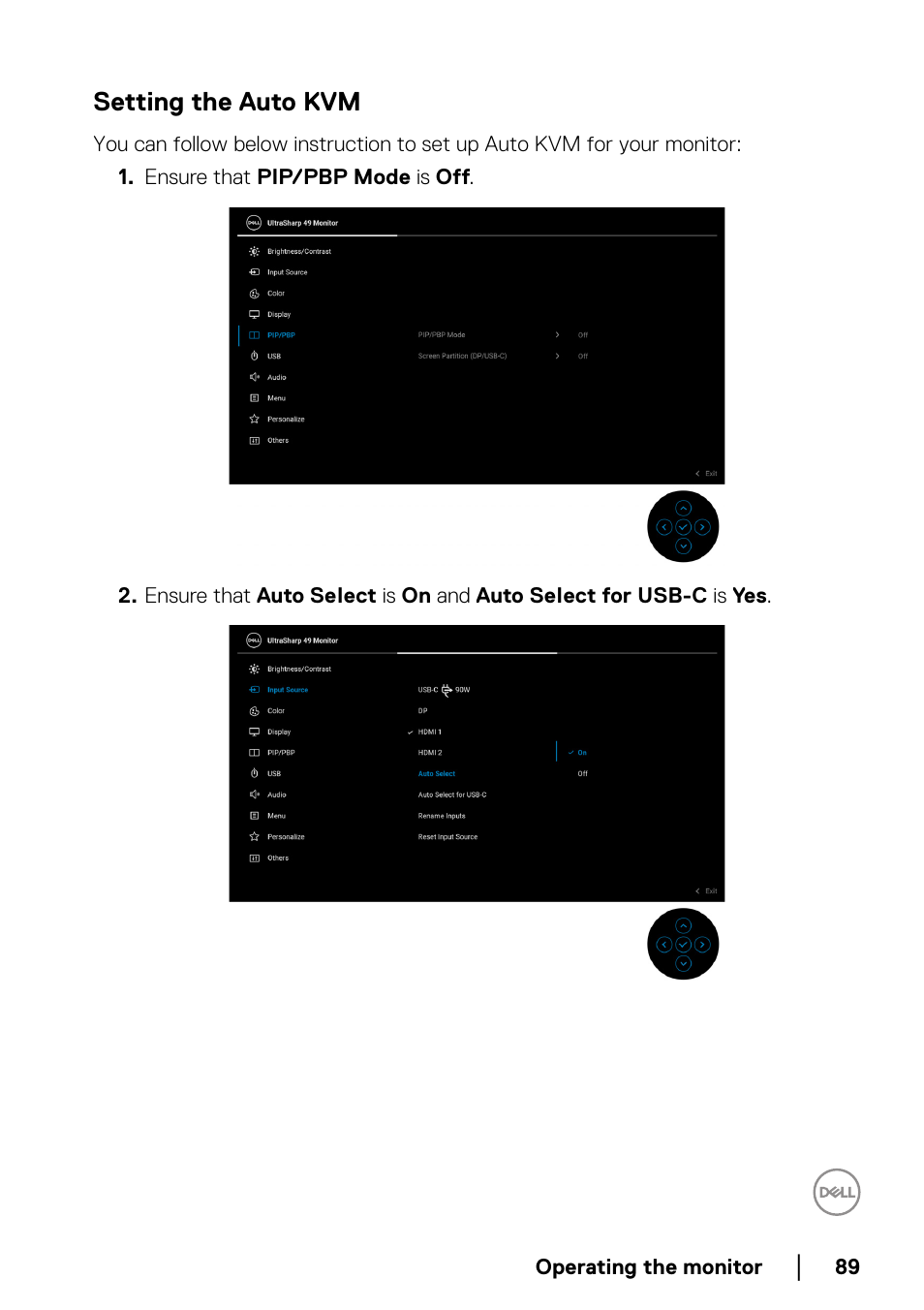 Setting the auto kvm | Dell UltraSharp 49 U4924DW 49" WQHD Ultrawide Curved Monitor User Manual | Page 89 / 103