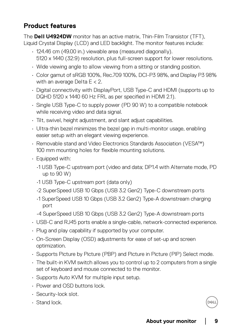 Product features | Dell UltraSharp 49 U4924DW 49" WQHD Ultrawide Curved Monitor User Manual | Page 9 / 103