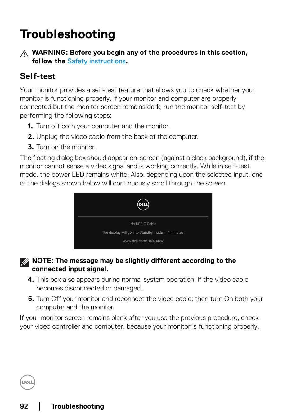 Troubleshooting, Self-test | Dell UltraSharp 49 U4924DW 49" WQHD Ultrawide Curved Monitor User Manual | Page 92 / 103