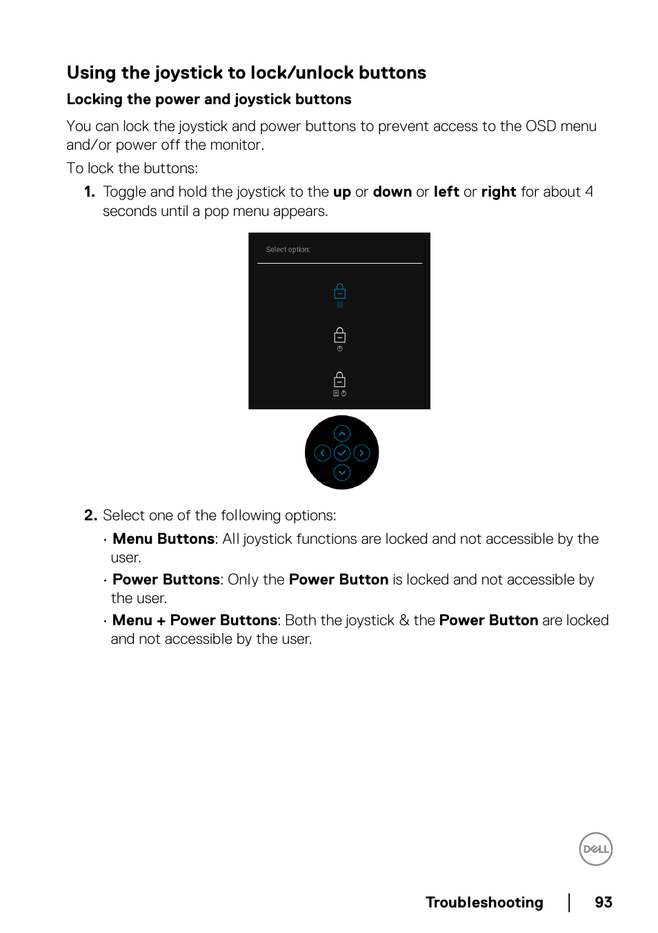 Using the joystick to lock/unlock buttons, Locking the power and joystick buttons | Dell UltraSharp 49 U4924DW 49" WQHD Ultrawide Curved Monitor User Manual | Page 93 / 103