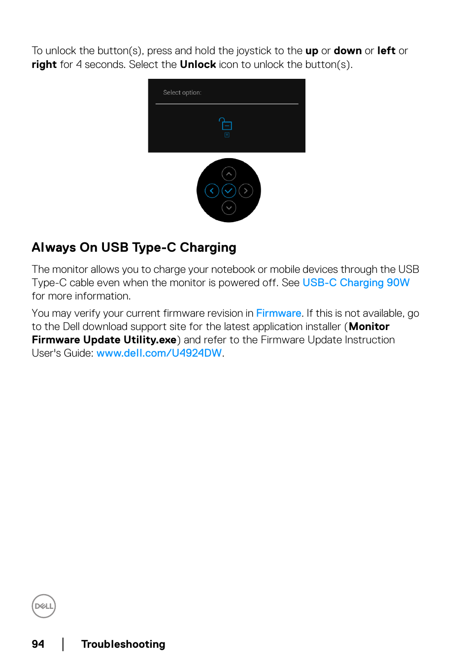 Always on usb type-c charging | Dell UltraSharp 49 U4924DW 49" WQHD Ultrawide Curved Monitor User Manual | Page 94 / 103