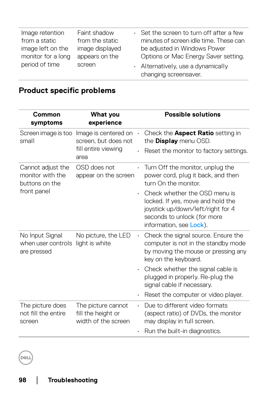 Product specific problems | Dell UltraSharp 49 U4924DW 49" WQHD Ultrawide Curved Monitor User Manual | Page 98 / 103