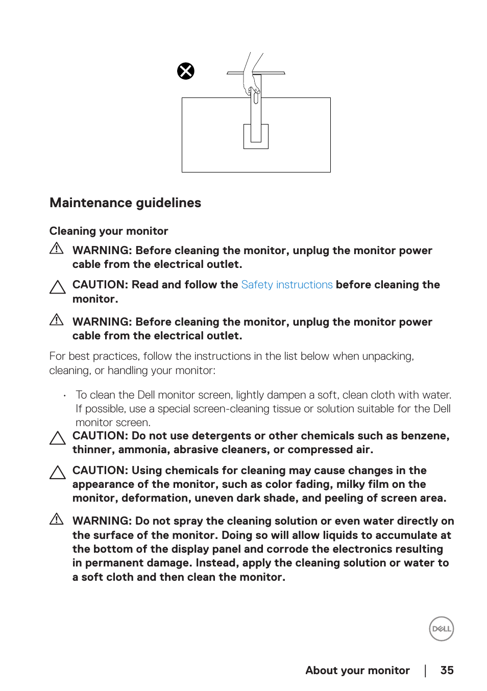 Maintenance guidelines, Cleaning your monitor | Dell P2723DE 27" 1440p USB Type-C Hub Monitor User Manual | Page 35 / 94