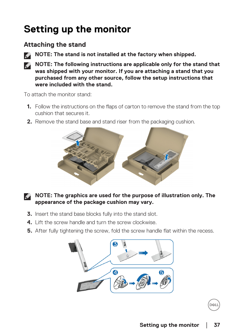 Setting up the monitor, Attaching the stand | Dell P2723DE 27" 1440p USB Type-C Hub Monitor User Manual | Page 37 / 94