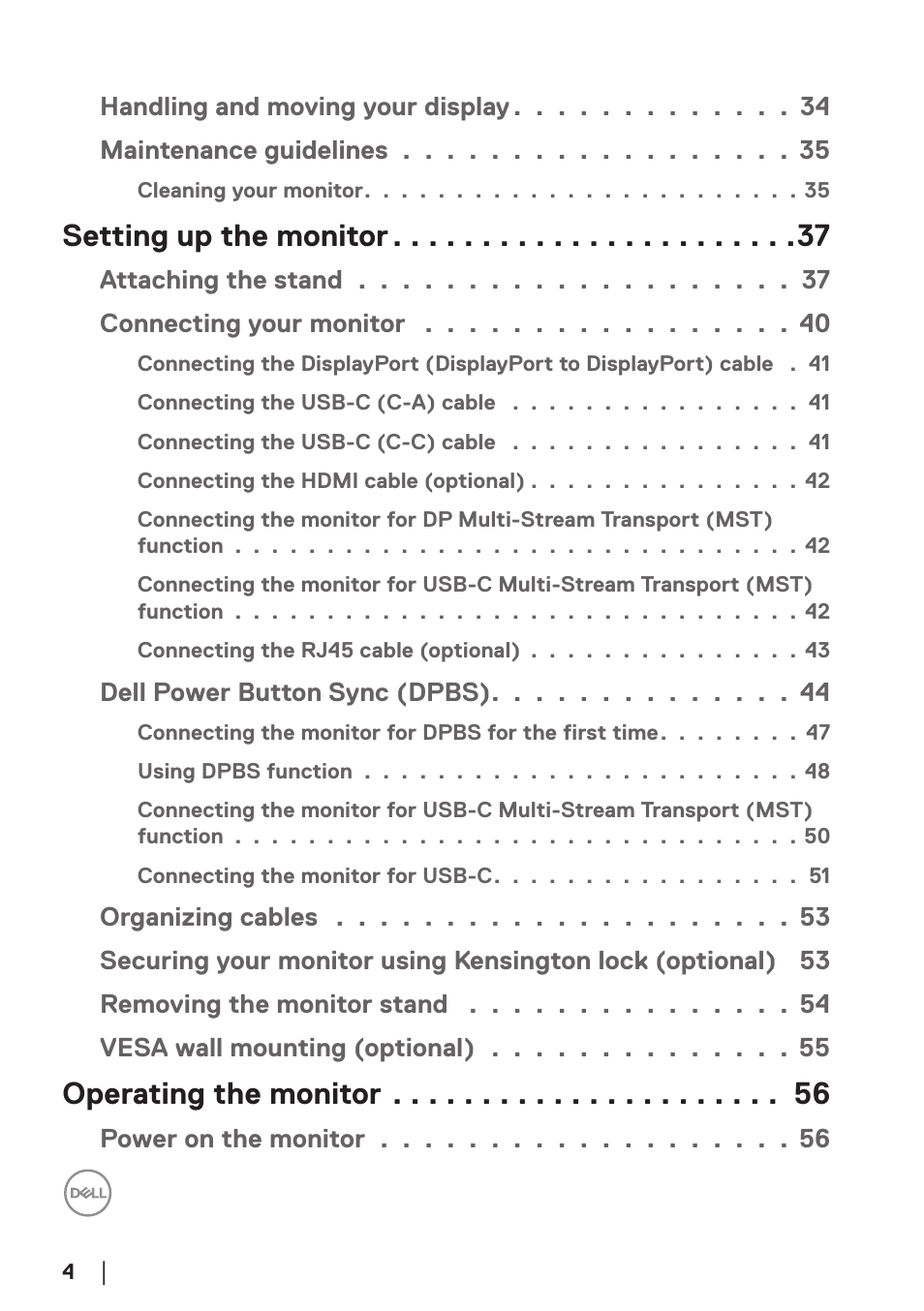 Setting up the monitor, Operating the monitor | Dell P2723DE 27" 1440p USB Type-C Hub Monitor User Manual | Page 4 / 94