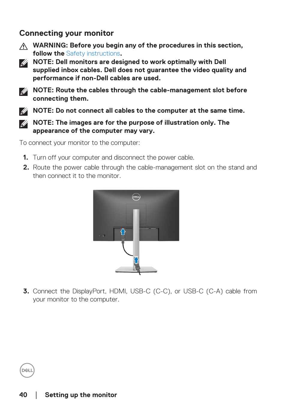 Connecting your monitor | Dell P2723DE 27" 1440p USB Type-C Hub Monitor User Manual | Page 40 / 94
