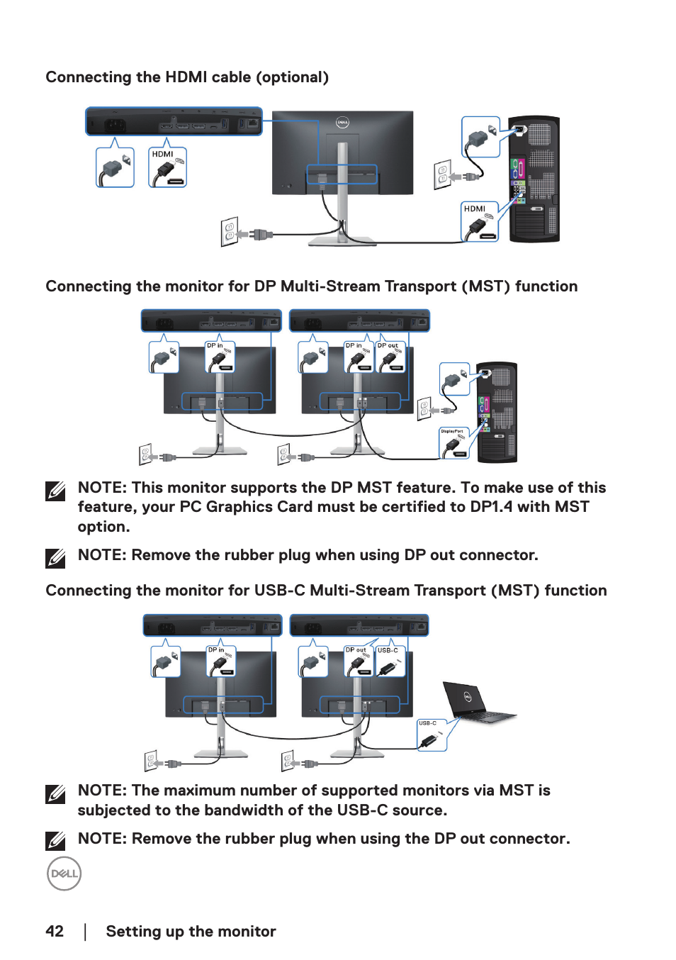Connecting the hdmi cable (optional) | Dell P2723DE 27" 1440p USB Type-C Hub Monitor User Manual | Page 42 / 94