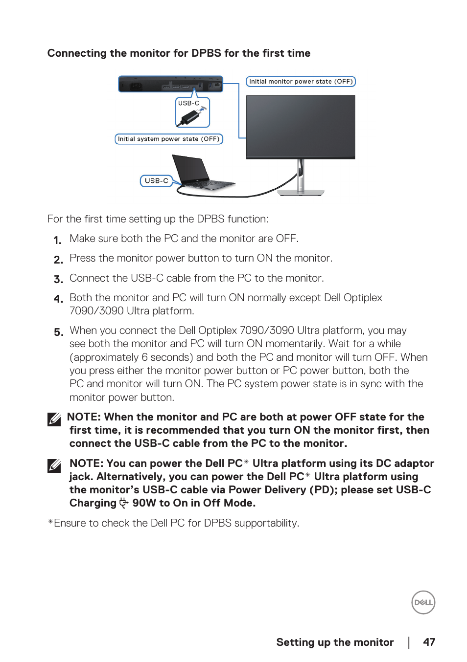 Connecting the monitor for dpbs for the first time | Dell P2723DE 27" 1440p USB Type-C Hub Monitor User Manual | Page 47 / 94