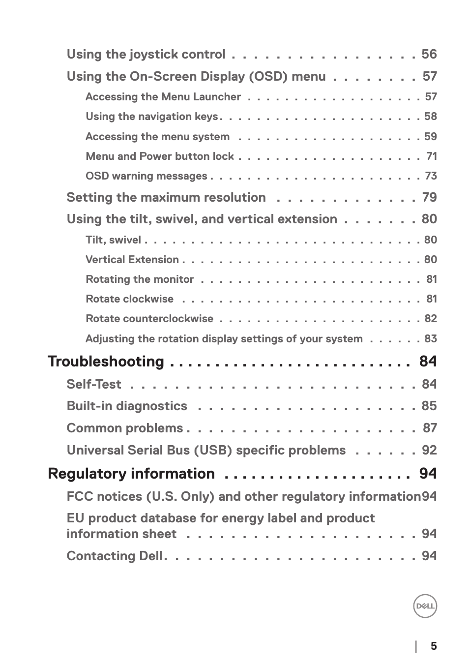 Troubleshooting, Regulatory information | Dell P2723DE 27" 1440p USB Type-C Hub Monitor User Manual | Page 5 / 94