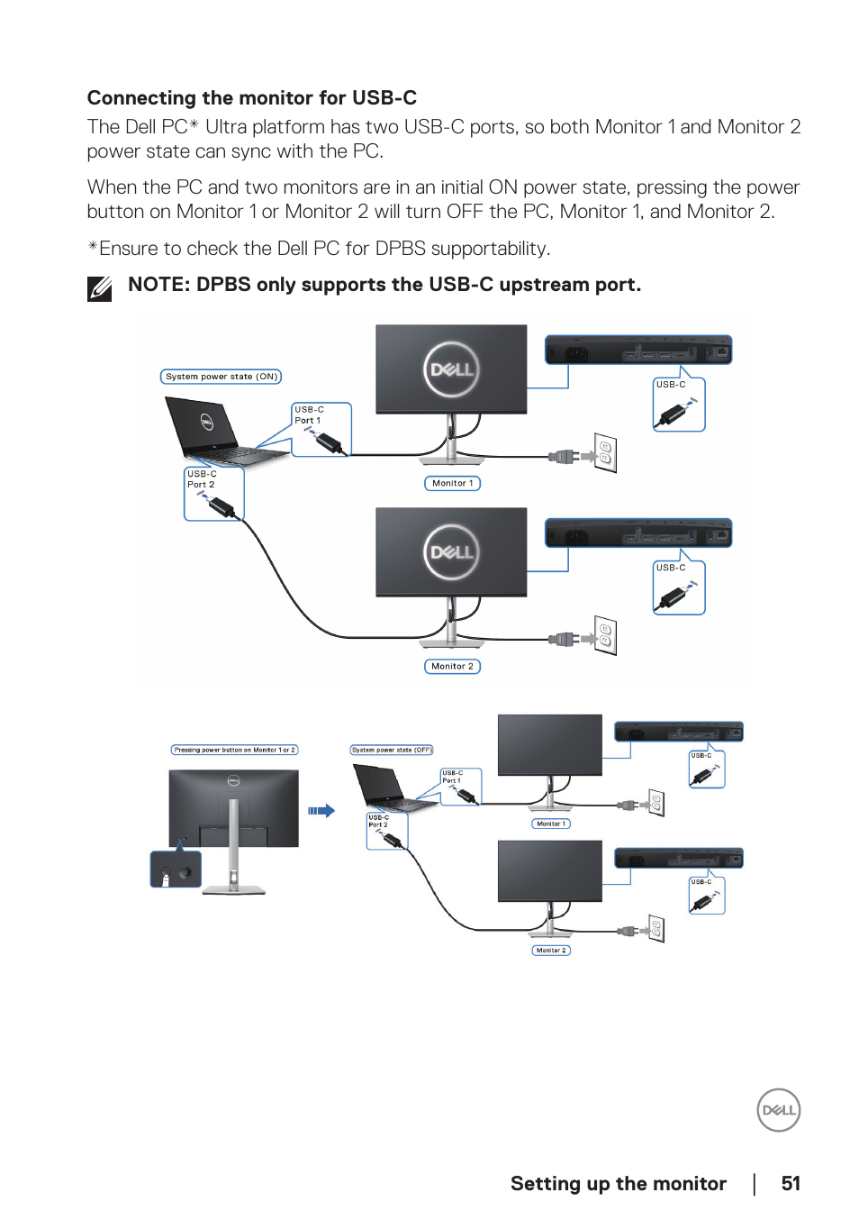 Connecting the monitor for usb-c | Dell P2723DE 27" 1440p USB Type-C Hub Monitor User Manual | Page 51 / 94