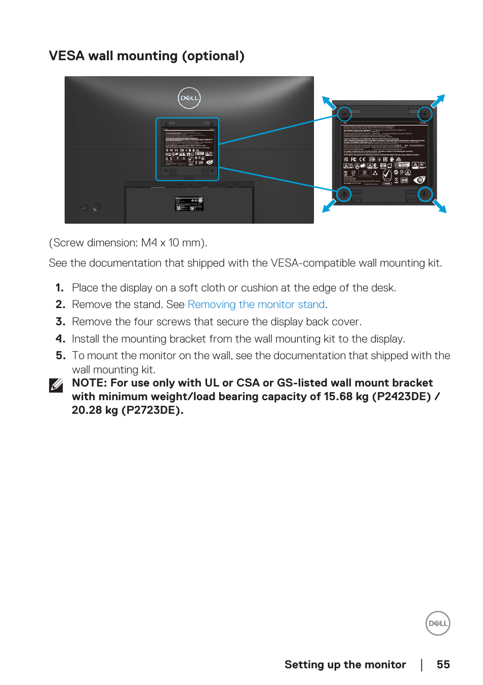 Vesa wall mounting (optional), Setting up the monitor | Dell P2723DE 27" 1440p USB Type-C Hub Monitor User Manual | Page 55 / 94
