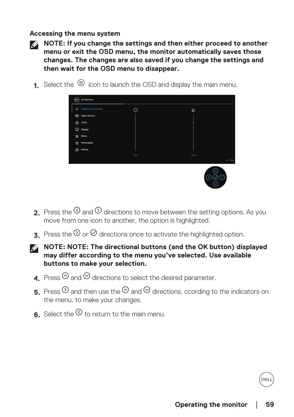 Accessing the menu system, Operating the monitor | Dell P2723DE 27" 1440p USB Type-C Hub Monitor User Manual | Page 59 / 94