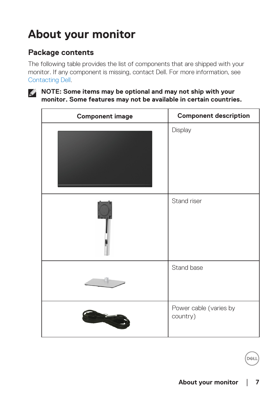 About your monitor, Package contents | Dell P2723DE 27" 1440p USB Type-C Hub Monitor User Manual | Page 7 / 94