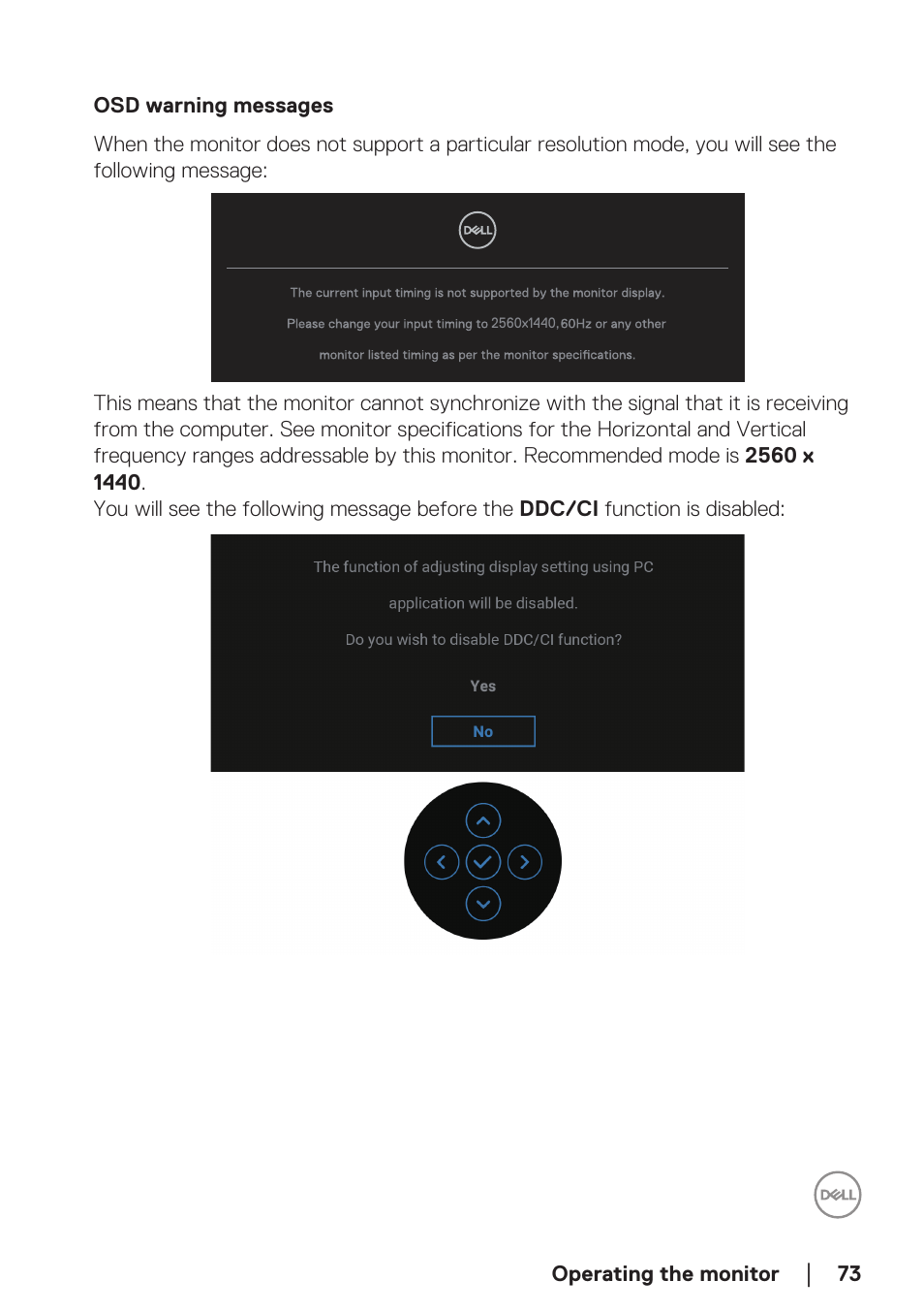 Osd warning messages | Dell P2723DE 27" 1440p USB Type-C Hub Monitor User Manual | Page 73 / 94
